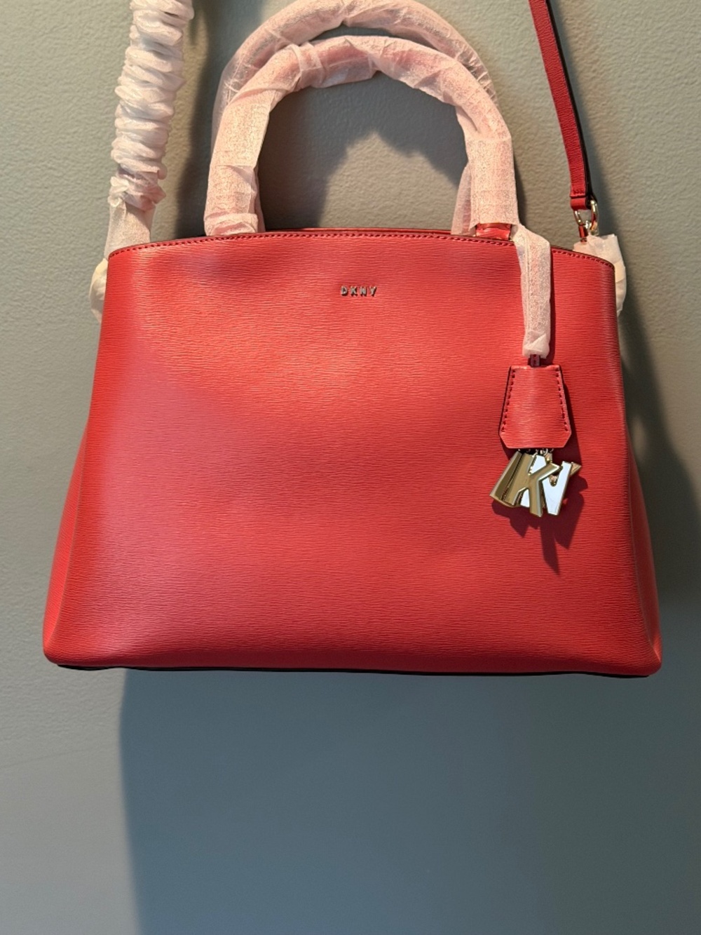 NWT DKNY Handbag Paige Saffiano Leather Satchel in Sutton Coral